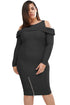 Sexy Plus Ribbed Cold Shoulder Black Long Sleeves Dress
